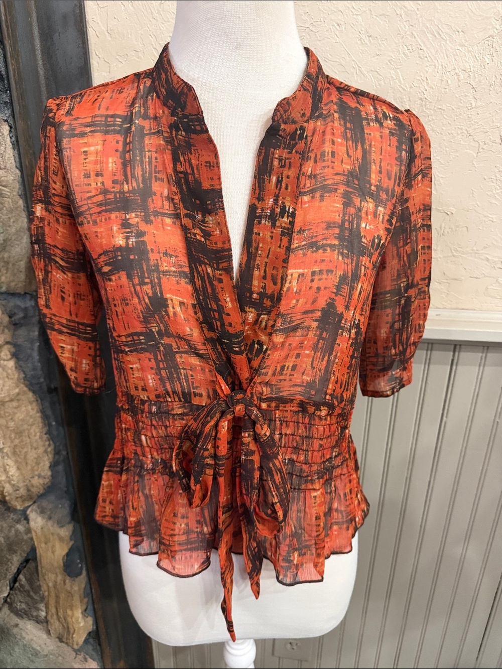 A. Byer Orange and Black Tie-Front Women's Blouse